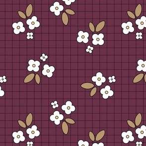 Retro little flowers for fall - daisies and leaves on checker plaid design nursery scandinavian boho design vintage beige on burgundy red