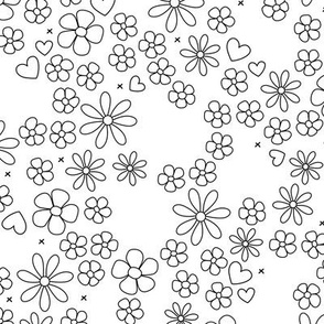 Monochrome Outline - Hand drawn retro daisies and poppy flowers black and white