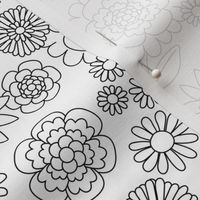 Monochrome Outline - Hand drawn blossom garden flowers black and white JUMBO