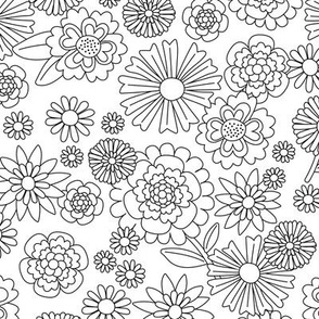Monochrome Outline - Hand drawn blossom garden flowers black and white JUMBO