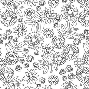 Monochrome Outline - Hand drawn boho flowers and petals vintage blossom garden  leaves black and white