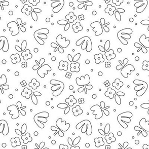 Modernist tulips and daisies abstract retro shaped blossom spring summer nursery baby design black and white monochrome