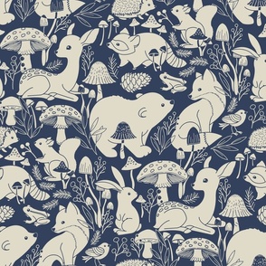 Whimsical Woodlands - neutral taupe on navy blue