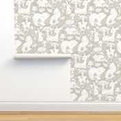 Whimsical Woodlands - white on faux suede taupe 