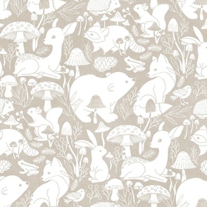 Whimsical Woodlands - white on faux suede taupe 