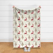 Scandinavian Reindeer in woodland- Abstract Geometric Doe with Christmas Trees- Pink and Red with Neutrals on Ivory- Large Scale