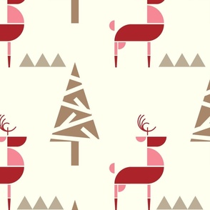 Scandinavian Reindeer in woodland- Abstract Geometric Doe with Christmas Trees- Pink and Red with Neutrals on Ivory- Large Scale