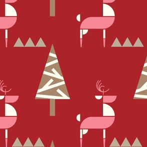 Scandinavian Reindeer in woodland- Abstract Geometric Doe with Christmas Trees- Pink and Ivory with Neutrals on Red- Large Scale