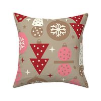 Scandinavian Christmas Ornaments- Pink Red Neutrals on Light Tan- Large Scale
