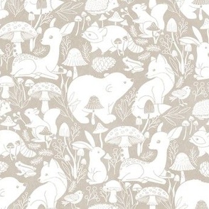 Whimsical Woodlands - white on faux suede taupe, small 