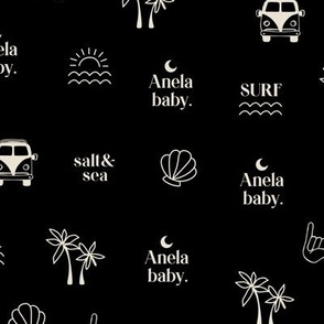 Anela Baby - Surfing trip adventures - surf icons camper van hibiscus palm trees waves and surfboards black