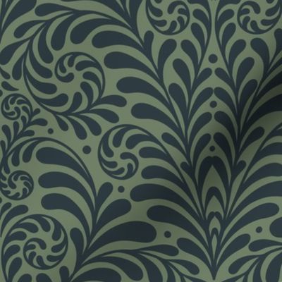 Damask Gothic Fern Rococo block print in lichen charcoal extra large 12 wallpaper scale by Pippa Shaw