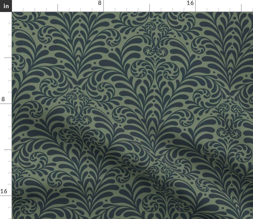 Damask Gothic Fern Rococo block print in lichen charcoal extra large 12 wallpaper scale by Pippa Shaw