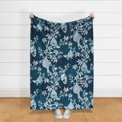 Weaving Dreams- Weaver Birds and Blooms- Songbird with White Nests- Indigo Blue- Large Scale