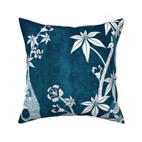 Weaving Dreams- Weaver Birds and Blooms- Songbird with White Nests- Indigo Blue- Large Scale