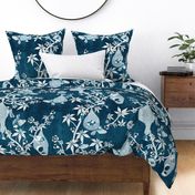 Weaving Dreams- Weaver Birds and Blooms- Songbird with White Nests- Indigo Blue- Large Scale