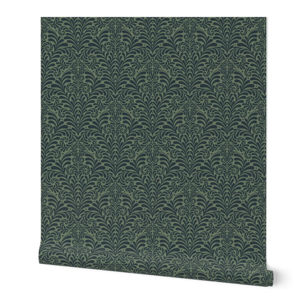 Damask Gothic Fern Rococo block print in lichen charcoal large 8 wallpaper scale by Pippa Shaw