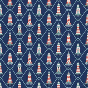 (S) Lighthouses and fishing net Coastal Chic navy blue