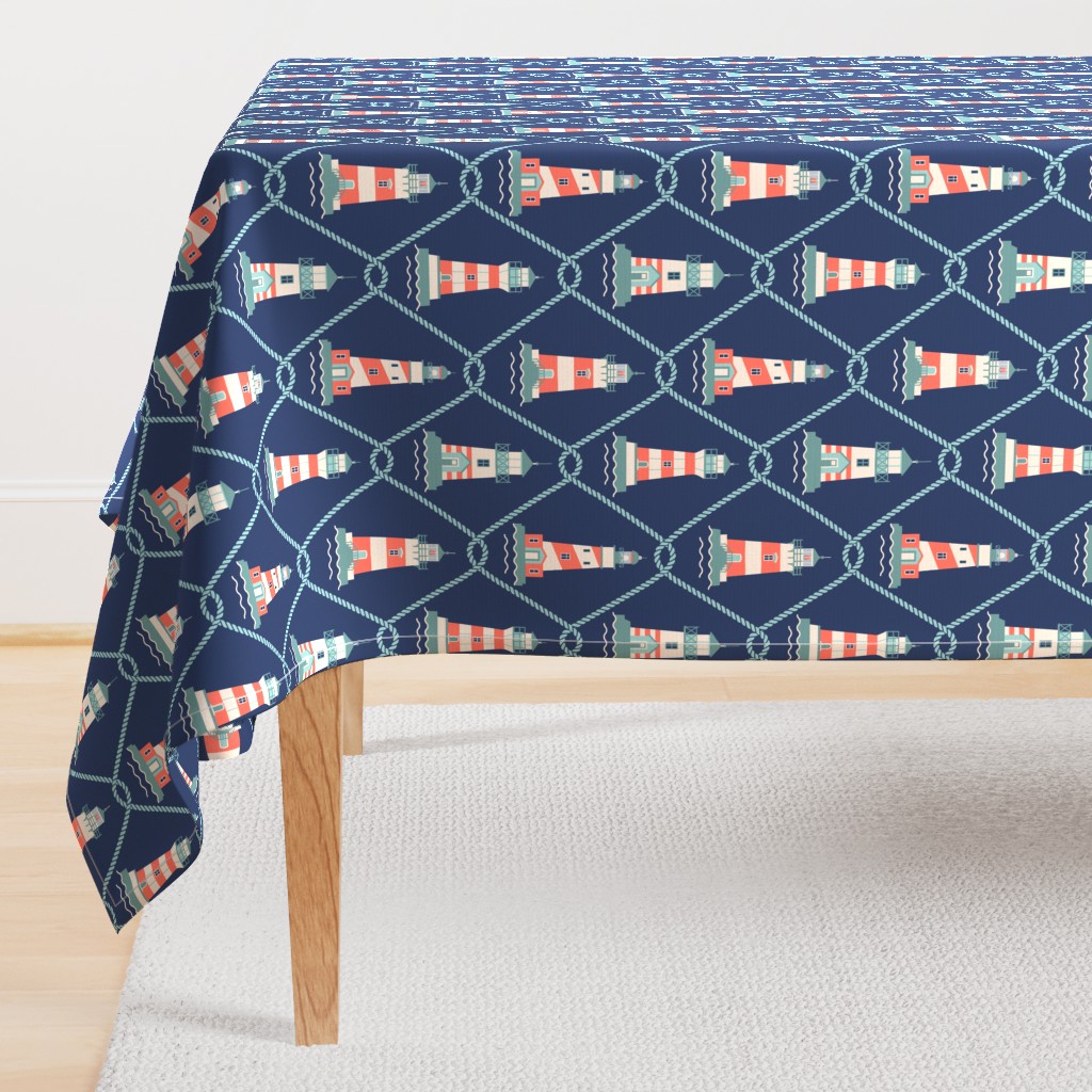 (M) Lighthouses and fishing net Coastal Chic navy blue