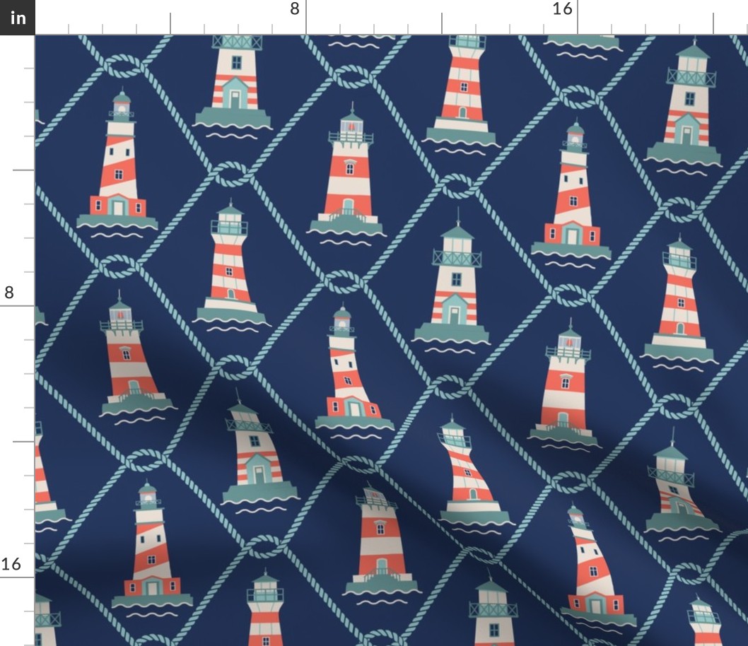 (M) Lighthouses and fishing net Coastal Chic navy blue