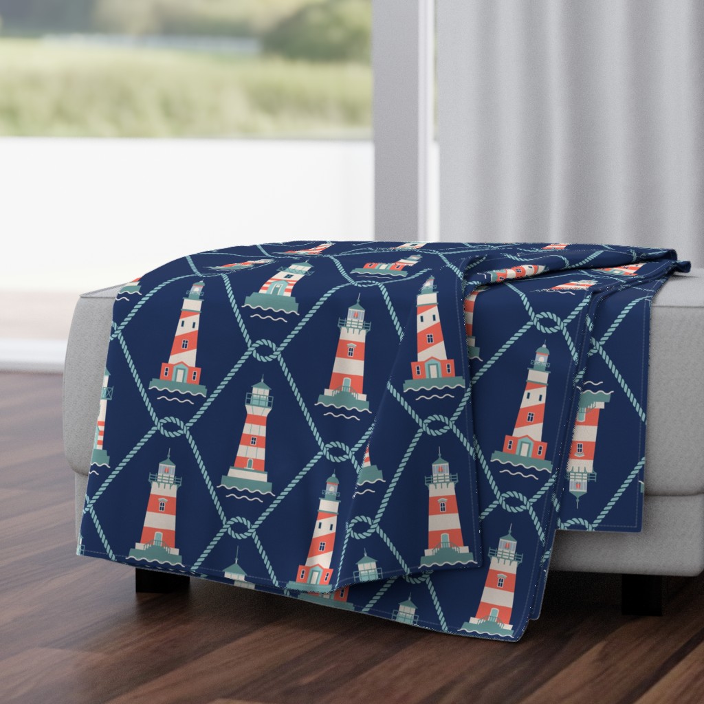 (L) Lighthouses and fishing net Coastal Chic navy blue