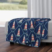 (L) Lighthouses and fishing net Coastal Chic navy blue