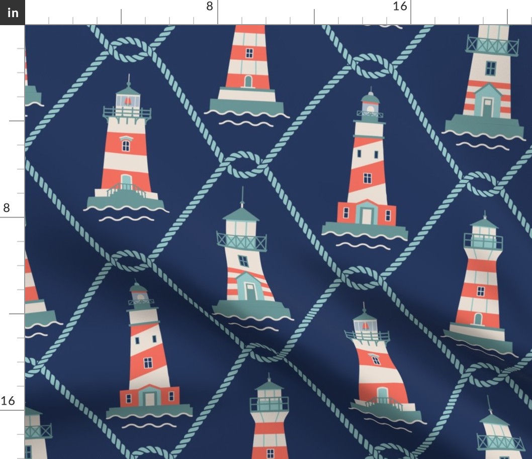 (L) Lighthouses and fishing net Coastal Chic navy blue