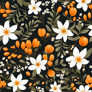 Orange & White Flowers on Black 