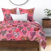 cute quirky heart faces in red orange pink mauve raspberry berry, super jumbo large scale, monochromatic whimsical funny