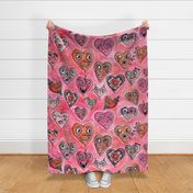 cute quirky heart faces in red orange pink mauve raspberry berry, super jumbo large scale, monochromatic whimsical funny