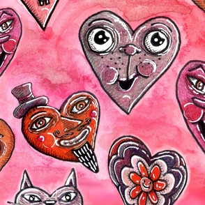 cute quirky heart faces in red orange pink mauve raspberry berry, super jumbo large scale, monochromatic whimsical funny