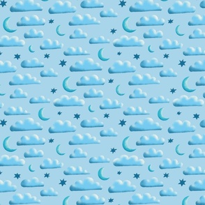 Clouds, moon and stars on blue | tiny