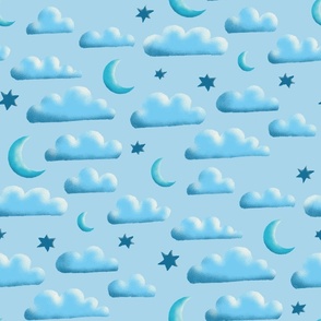 Clouds, moon and stars on blue | small