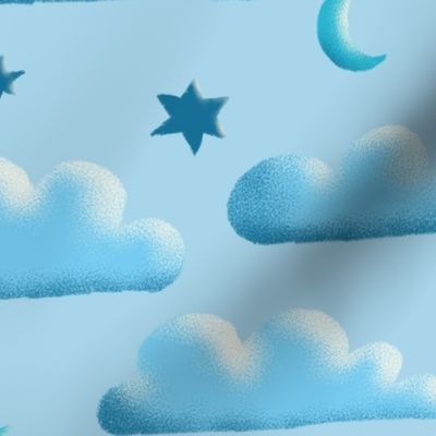 Clouds, moon and stars on blue | medium