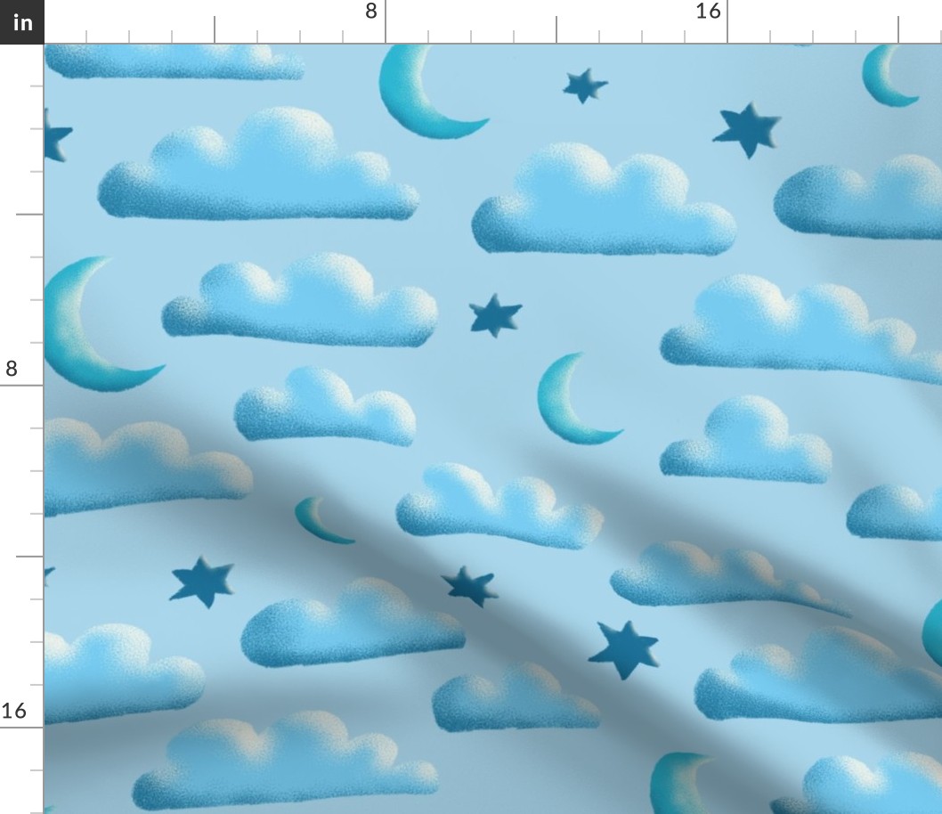 Clouds, moon and stars on blue | medium