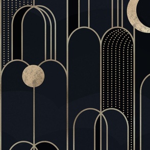 Art Deco Moons and Waterfall - Black and Gold 24 inch repeat