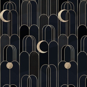 Art Deco Moons and Waterfall - Black and Gold - 12 inch repeat