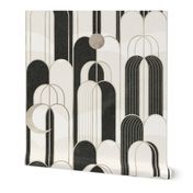 Art Deco Moons and Waterfall - Black, white and gold - 24 inch repeat
