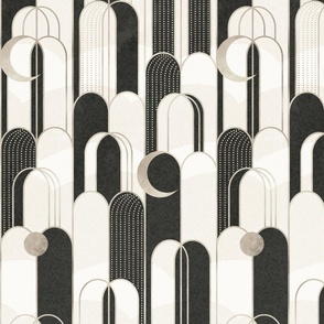Art Deco Moons and Waterfall - Black, white and gold - 12 inch repeat
