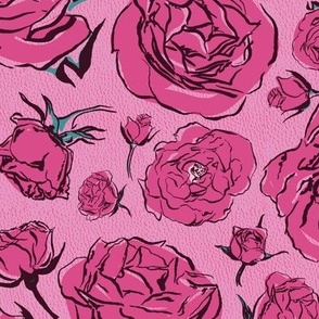 Anime Bed of Roses - Hot Pink - Retro / Country Vintage Line Art Flowers in Large Scale for Maximalist Glam & Cottagecore Bedding & Wallpaper