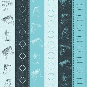Ribbon / stripes wild ponies line art horse print with geometric shapes. Light baby blue & gray, top stitching, & texture. Pantone Mega Matter colors