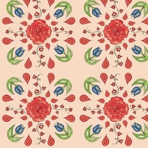 Swedish Tile Pattern of red roses & blue tulips on peach / apricot orange. Watercolor hand-painted abstract floral for cheerful cottage