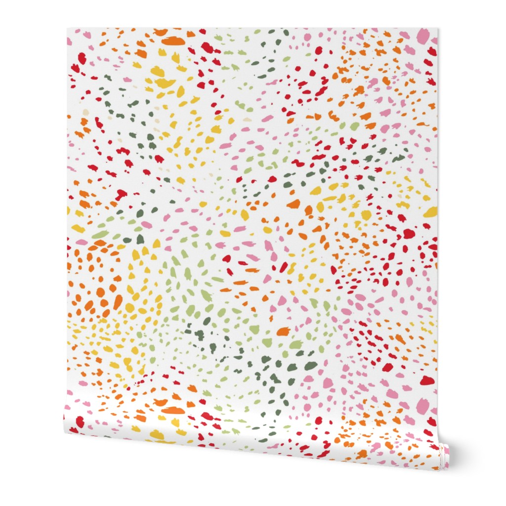 Paint splatters abstract swirl pattern on white - watercolor hand-painted colorful spots & polka dots in red yellow orange pink green