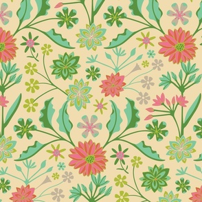 JAIPUR Modern Chintz Floral Cottage Botanical in Summer Pink Red Green Chartreuse Beige on Cream - MEDIUM Scale - UnBlink Studio by Jackie Tahara