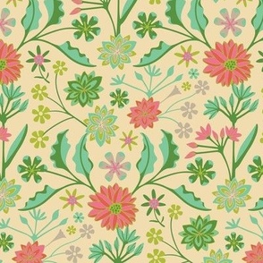 JAIPUR Modern Chintz Floral Cottage Botanical in Summer Pink Red Green Chartreuse Beige on Cream - SMALL Scale - UnBlink Studio by Jackie Tahara