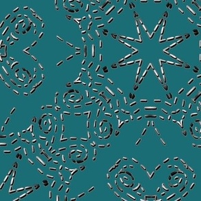 Bohemian Star Mock Silver Embroidered Look on Teal Blue