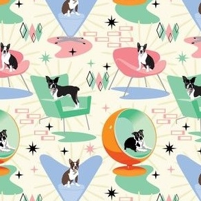 small print // Retro Den of Dogs Boston Terrier Dogs 1960s living room chairs