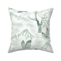 Serene Mountains- Greater Sandhill Cranes Flying over the scenic Rockies and Limber Pines- Watercolor- Mint- Regular Scale