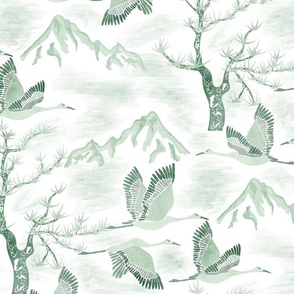 Serene Mountains- Greater Sandhill Cranes Flying over the scenic Rockies and Limber Pines- Watercolor- Mint- Regular Scale