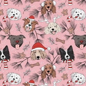 Christmas puppies - sweet freehand drawn dogs with candy cane santa hat winter scarfs cookies and mistletoe red pink